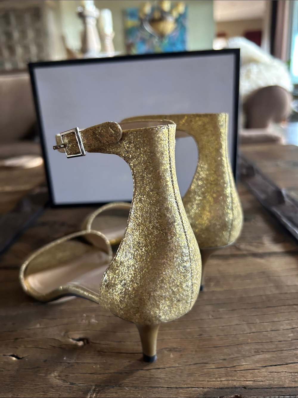 Nine West Glitter Gold Ankle Strap Kitten Heels - Picture 2 of 10